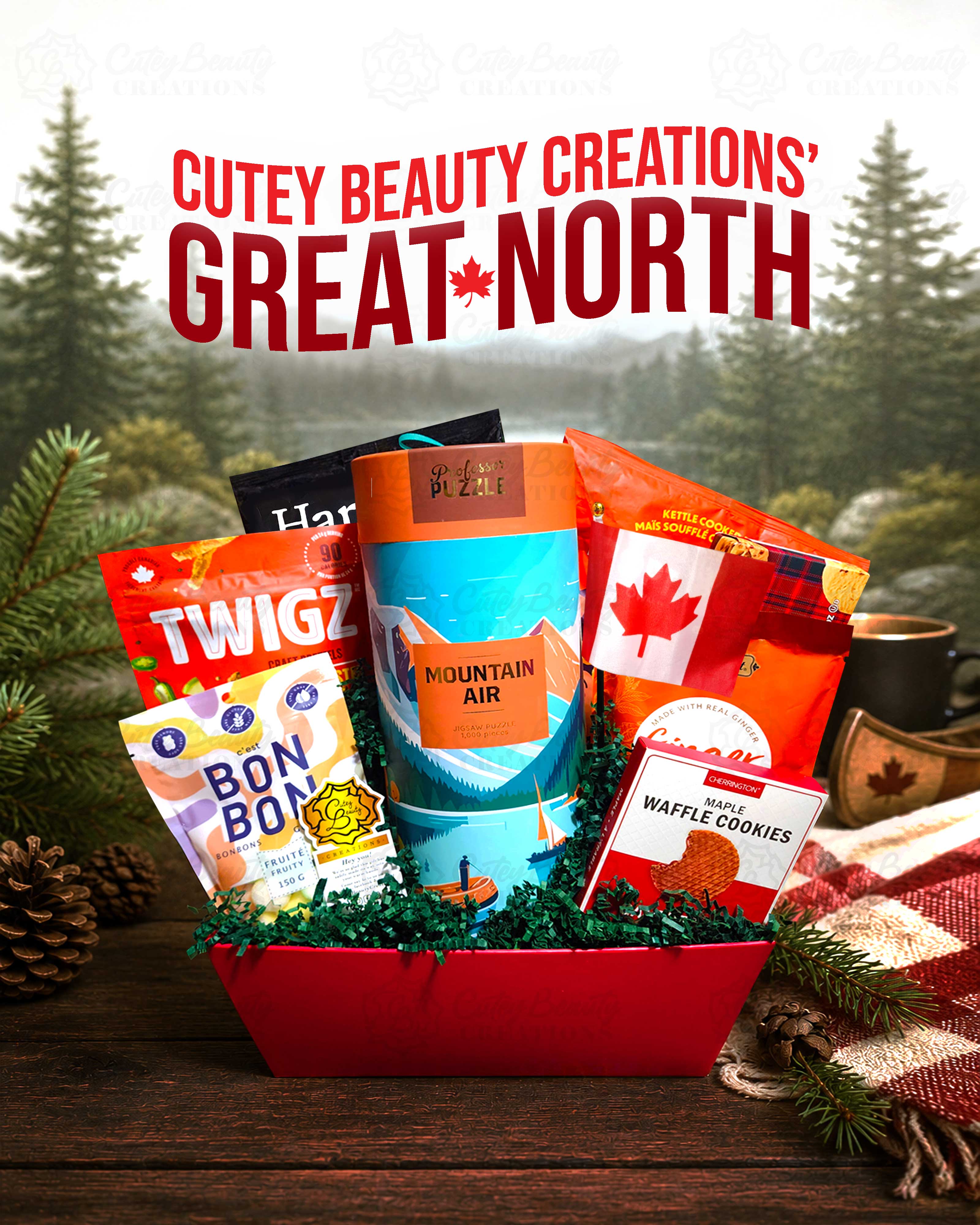 A CuteyBeautyCreation's gourmet food gift basket filled with assorted Canadian packaged snacks and treats and a puzzle inspired by the mountain and lake landscapes of Canada, styled on a nature wilderness background.