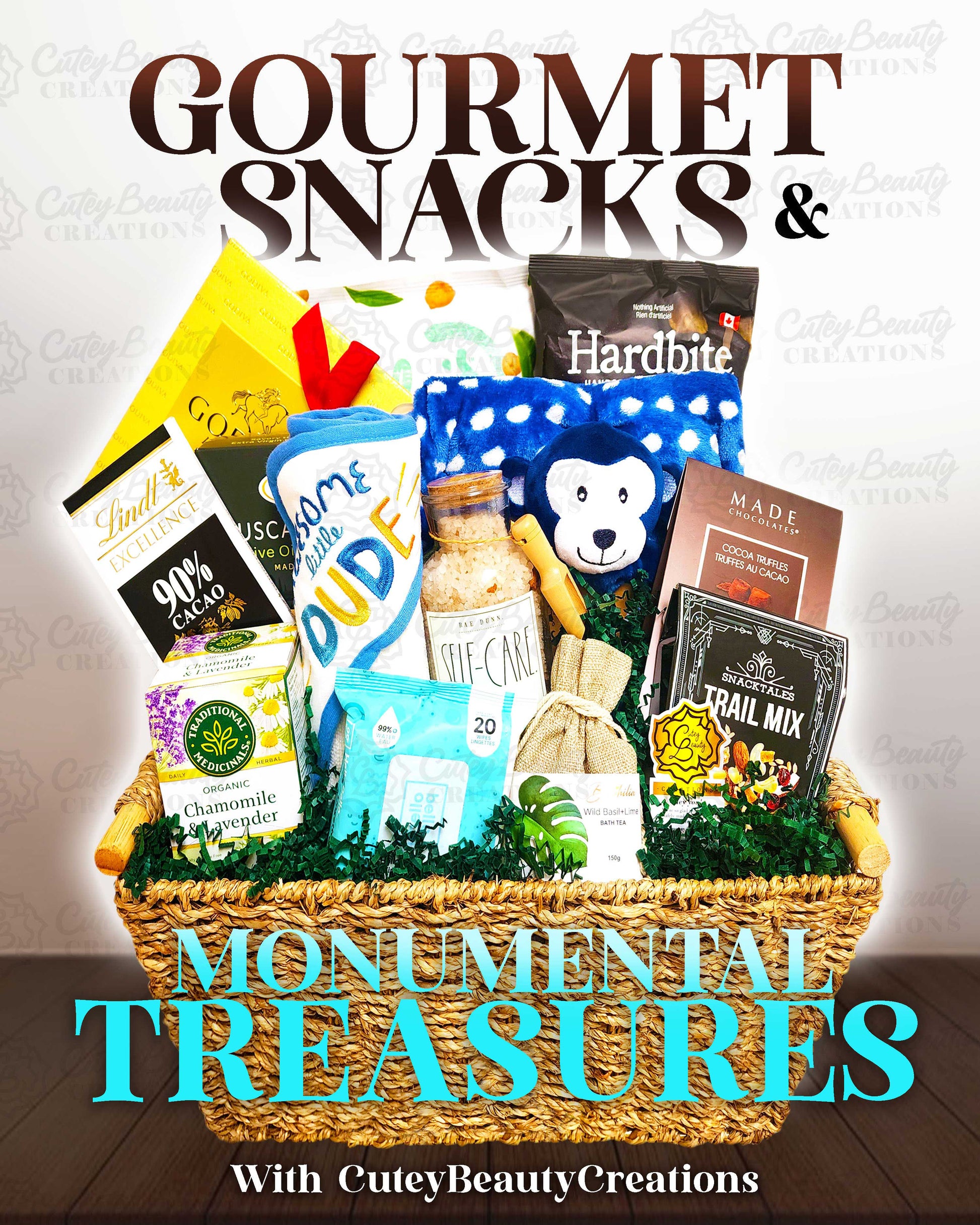 Gourmet snacks and monumental treasures gift basket with various special items for new parents and newborn baby made by Cutey Beauty Creations.