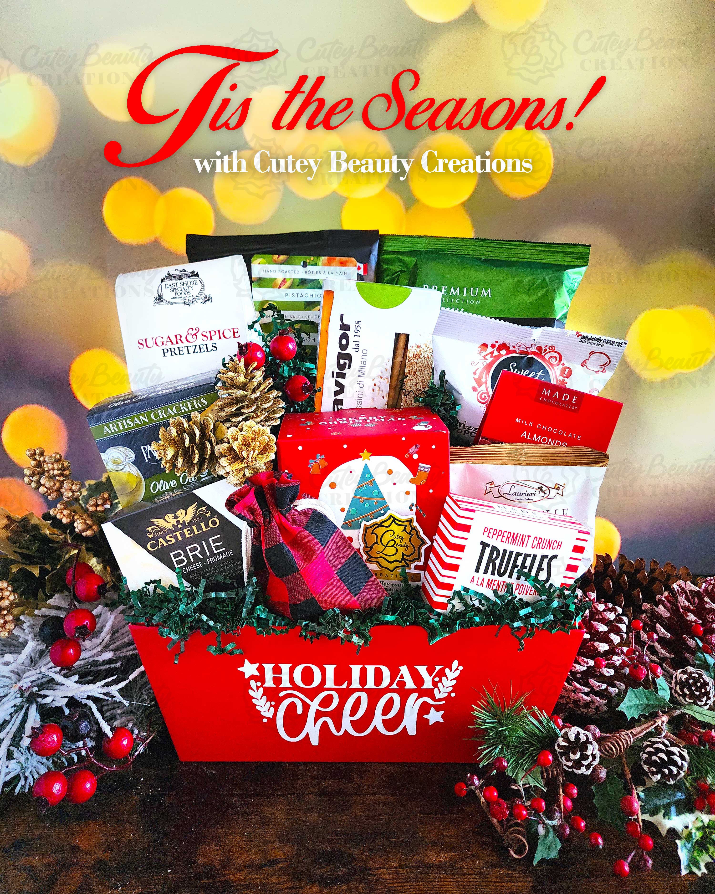 Holiday gift basket with festive decorations and 'Tis the Seasons' text.