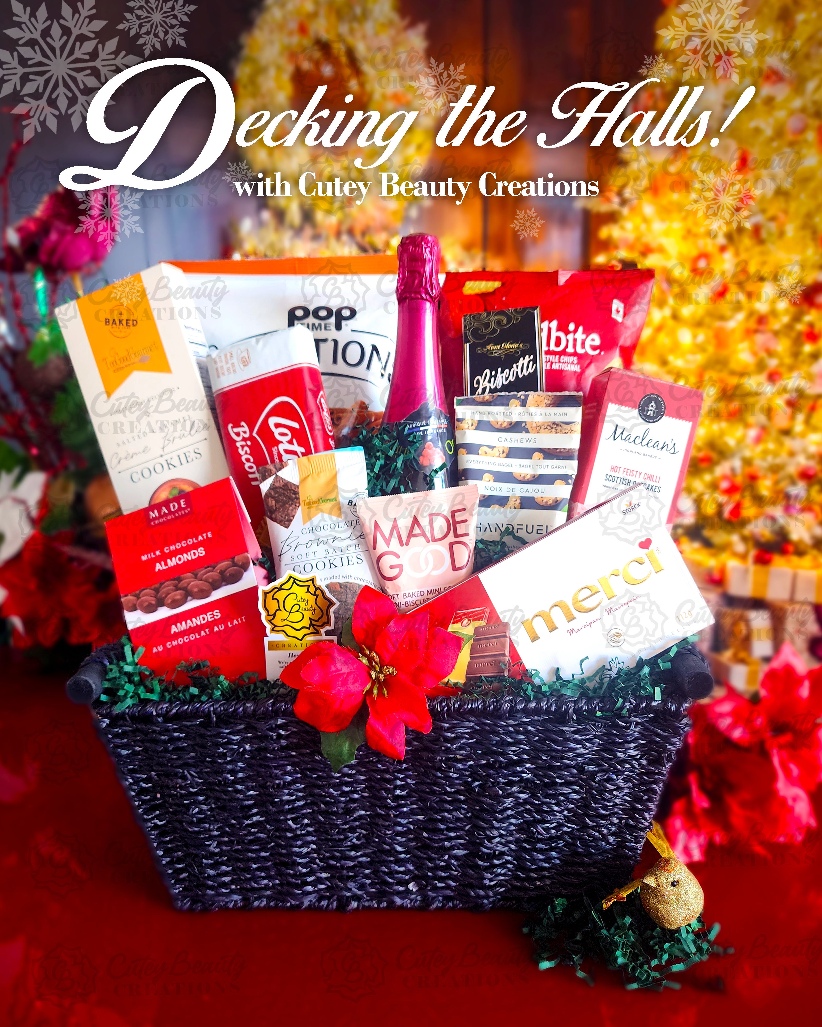 Gift basket with snacks and a bottle of wine on a festive background with text 'Decking the Halls! with Cutey Beauty Creations'.