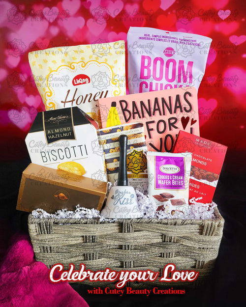 A festive Valentine's Day gift basket containing a variety of chocolates and cookies, arranged to celebrate love with a touch of humor.